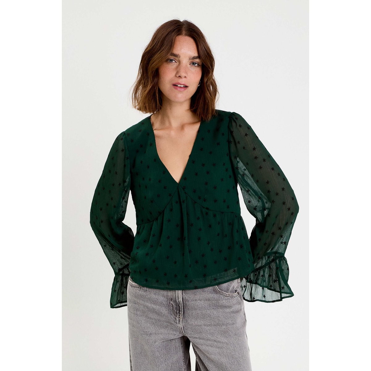 Blouse brodée volantée vert foncé, CACHE CACHE