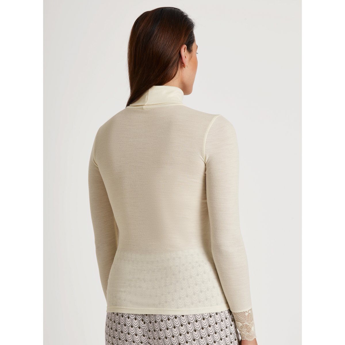T-shirt à manches longues col roulé en laine et soie manches longues Laine SILKY WOOL GLAM crème de charme, CALIDA