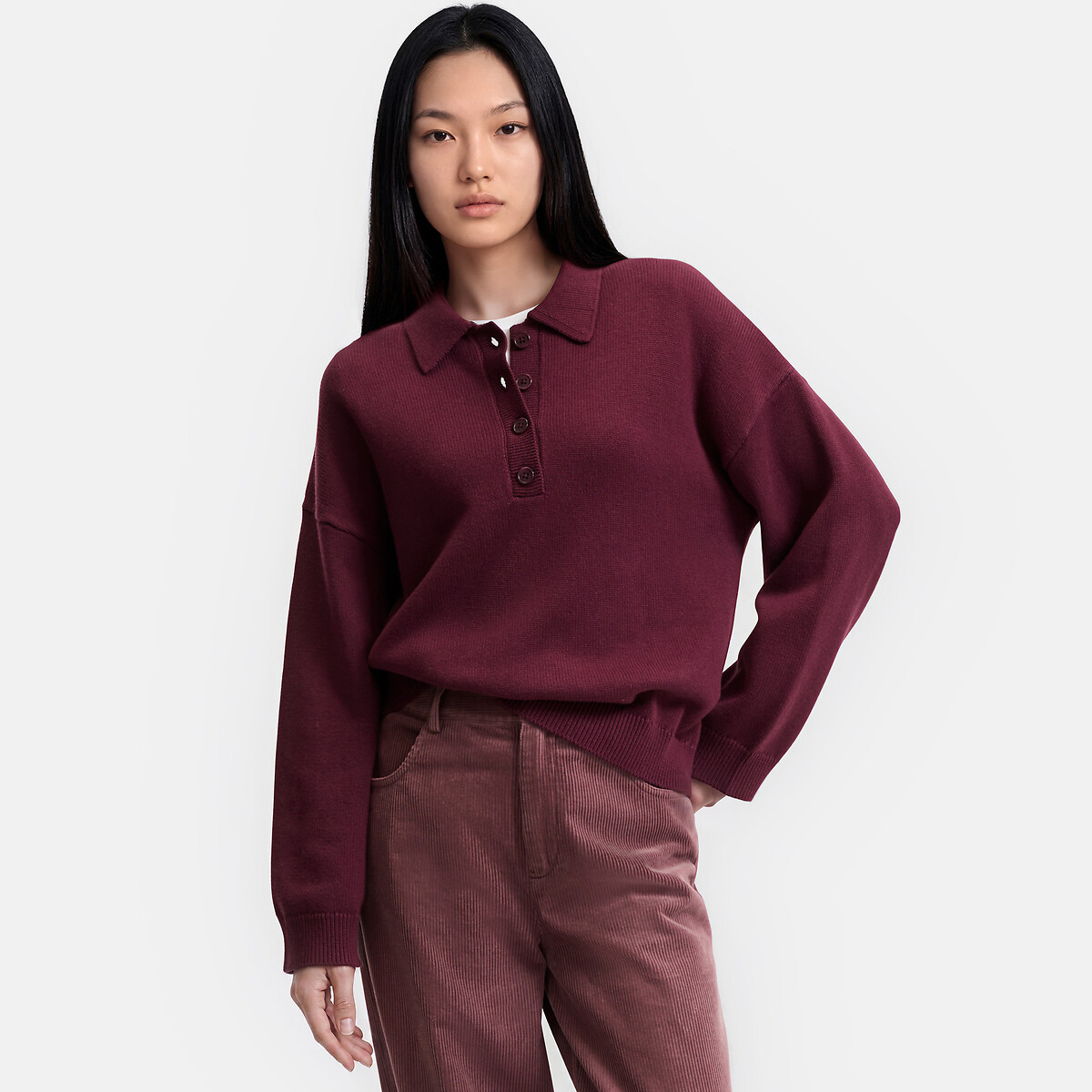 Wool/Cotton Polo Jumper burgundy red, LA REDOUTE COLLECTIONS