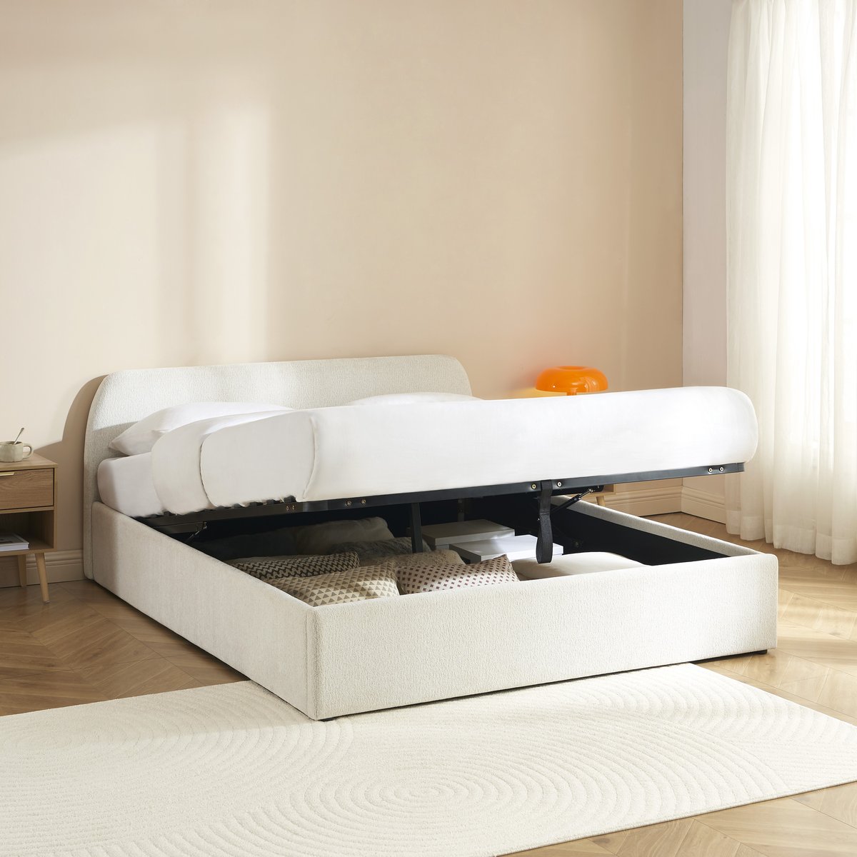 Lit coffre tissu chenille avec sommier GELA ecru, BAÏTA