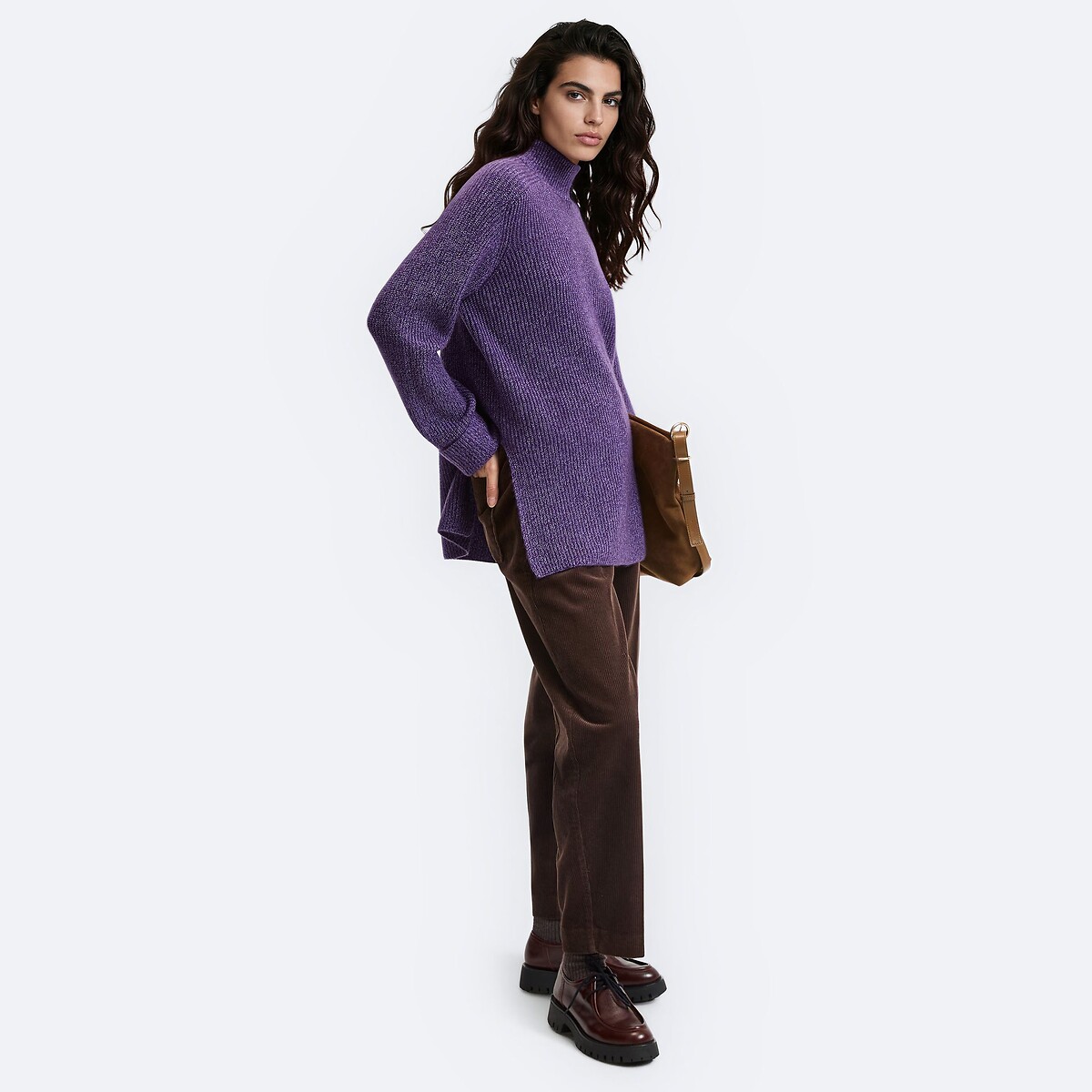 Pull long côtelé à col montant violet, LA REDOUTE COLLECTIONS