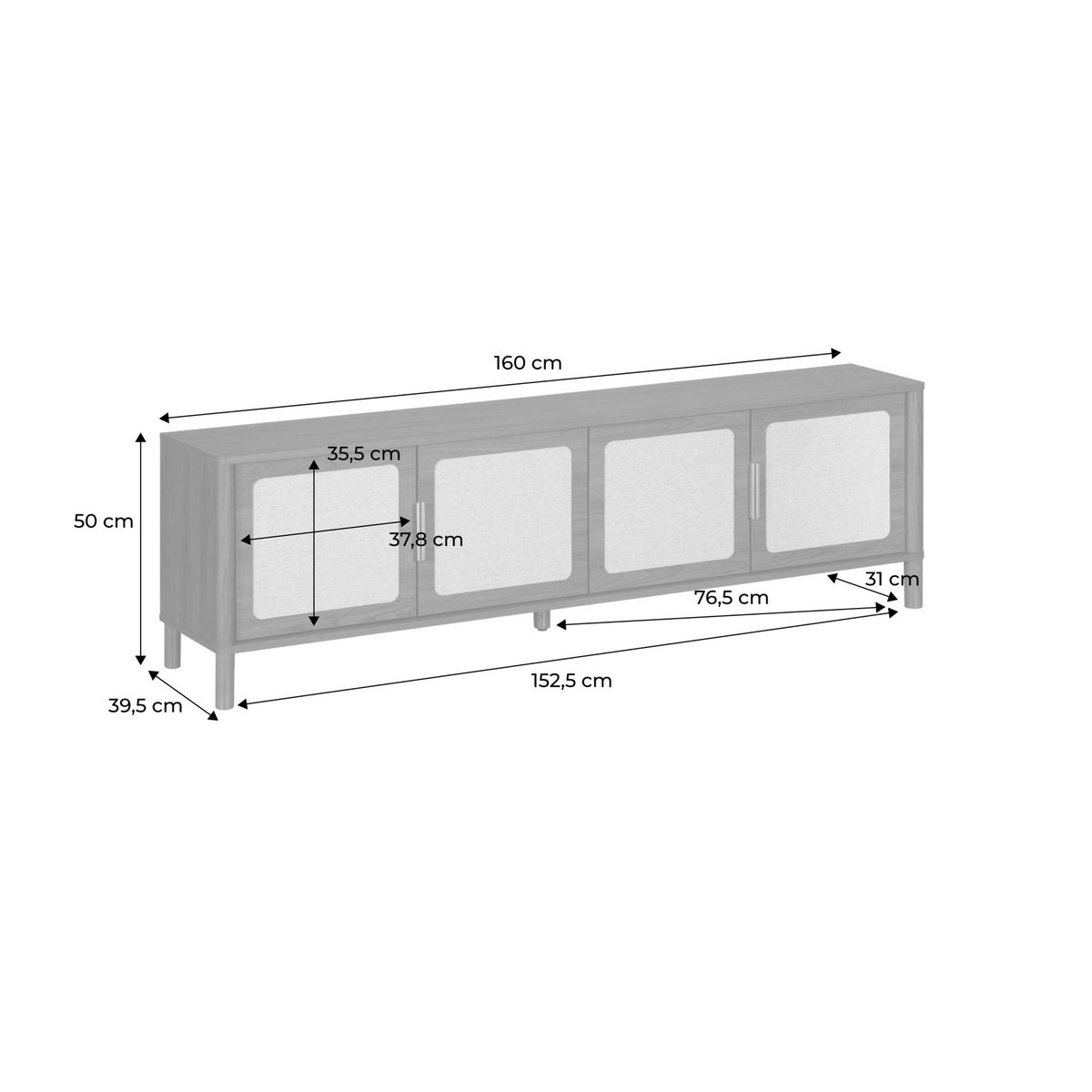 Meuble TV vintage décor bois et cannage 4 portes 160cm ETTA noyer, SWEEEK