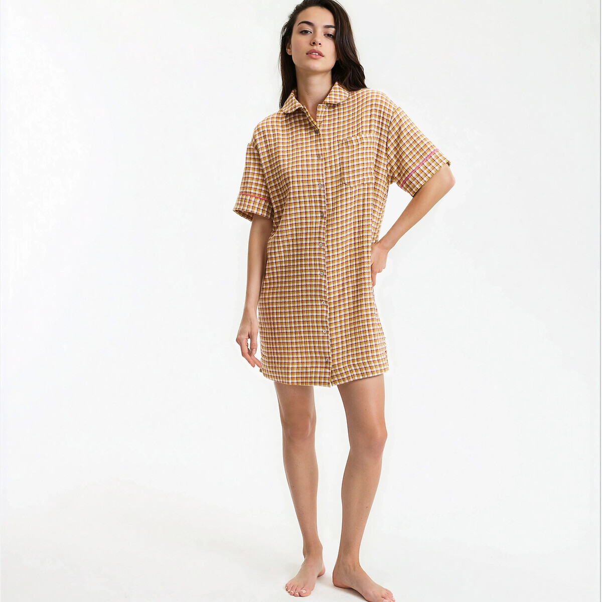 Chemise de nuit en pur coton, à carreaux carreaux, LA REDOUTE COLLECTIONS