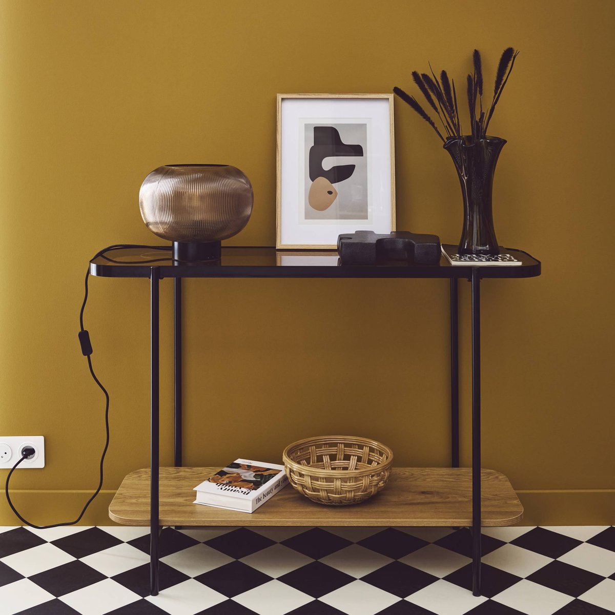 Console vintage métal et décor bois avec plateau en verre SMOOKY naturel, SWEEEK