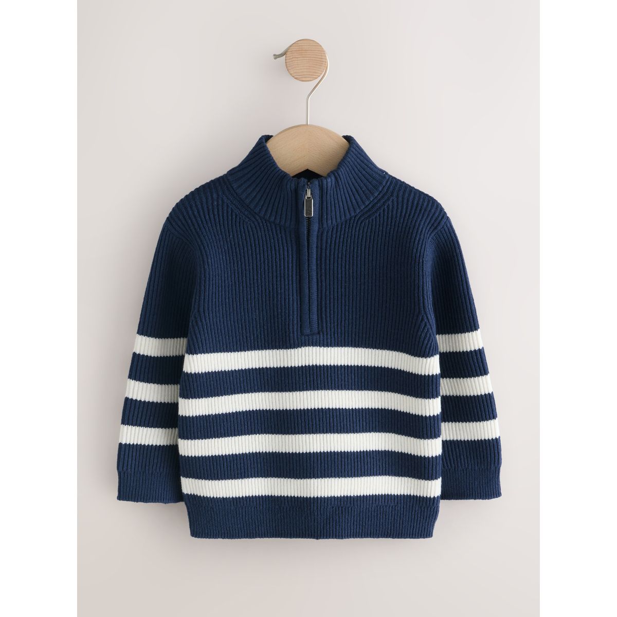 Pull en maille à col zippé rayures bleu marine/écru, NEXT