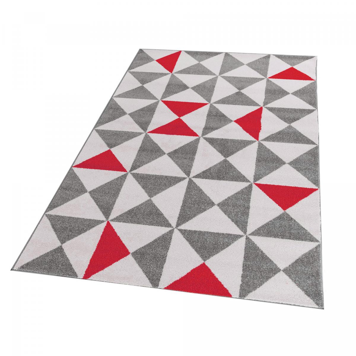 Tapis chambre tissé motif scandinave TRIANGAM rouge, gris, blanc, UN AMOUR DE TAPIS