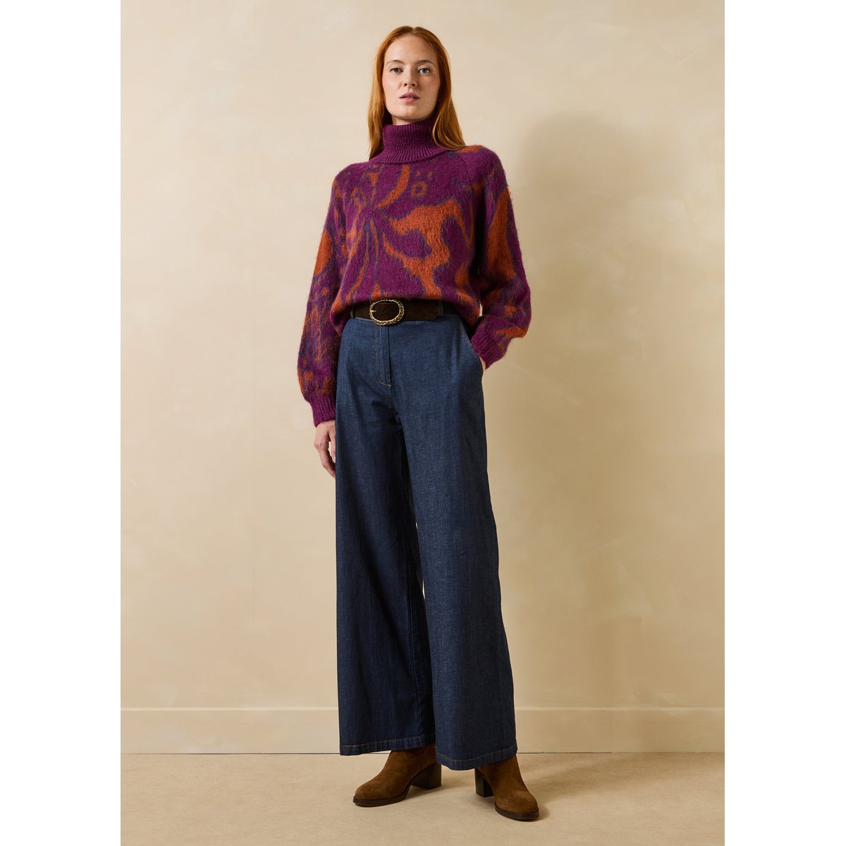 Pull col roulé manches longues en jacquard viola/tandoori, LA FEE MARABOUTEE