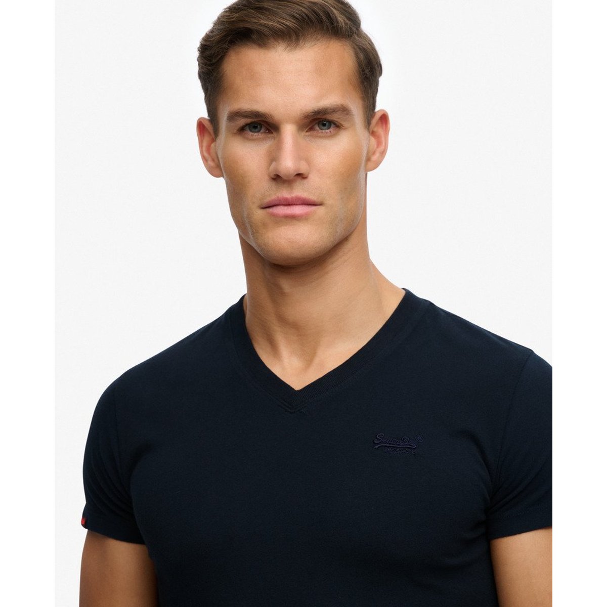 T-shirt col V logo brodé en coton bio bleu marine éclipse, SUPERDRY