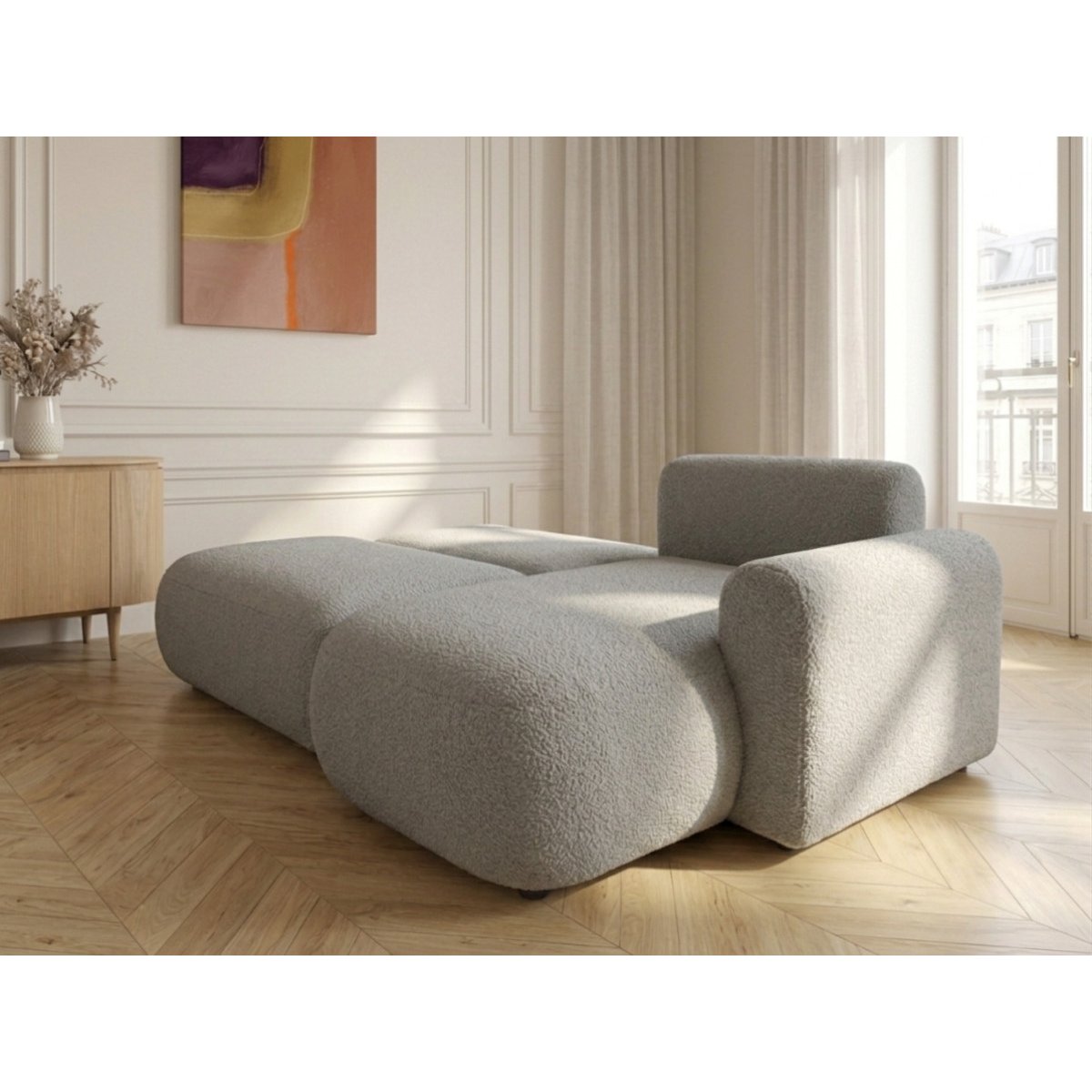 Canapé d'angle convertible 3 places en tissu bouclette, TANGO gris, BOBOCHIC