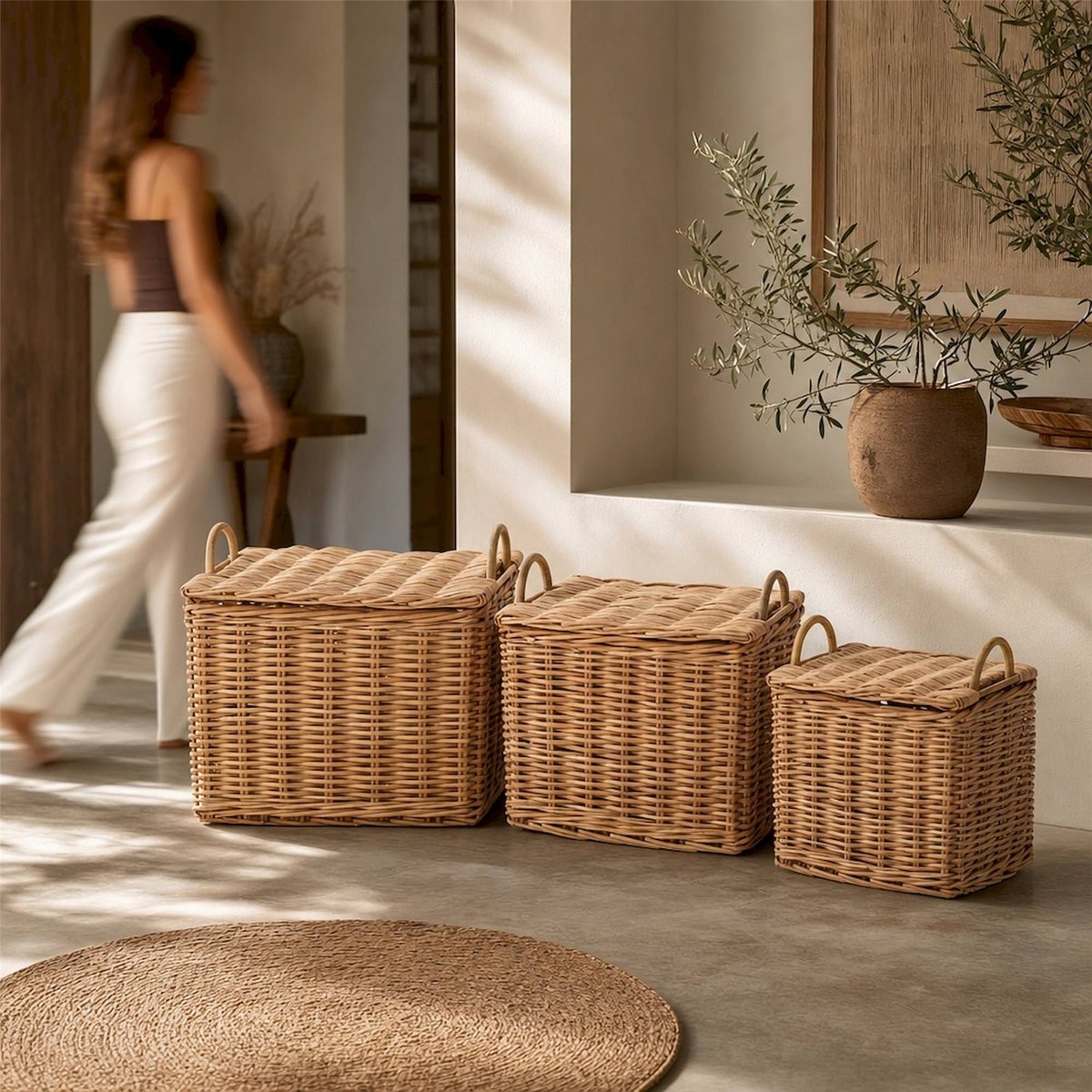 Set de 3 paniers en osier avec anses naturel, RECOLLECTION