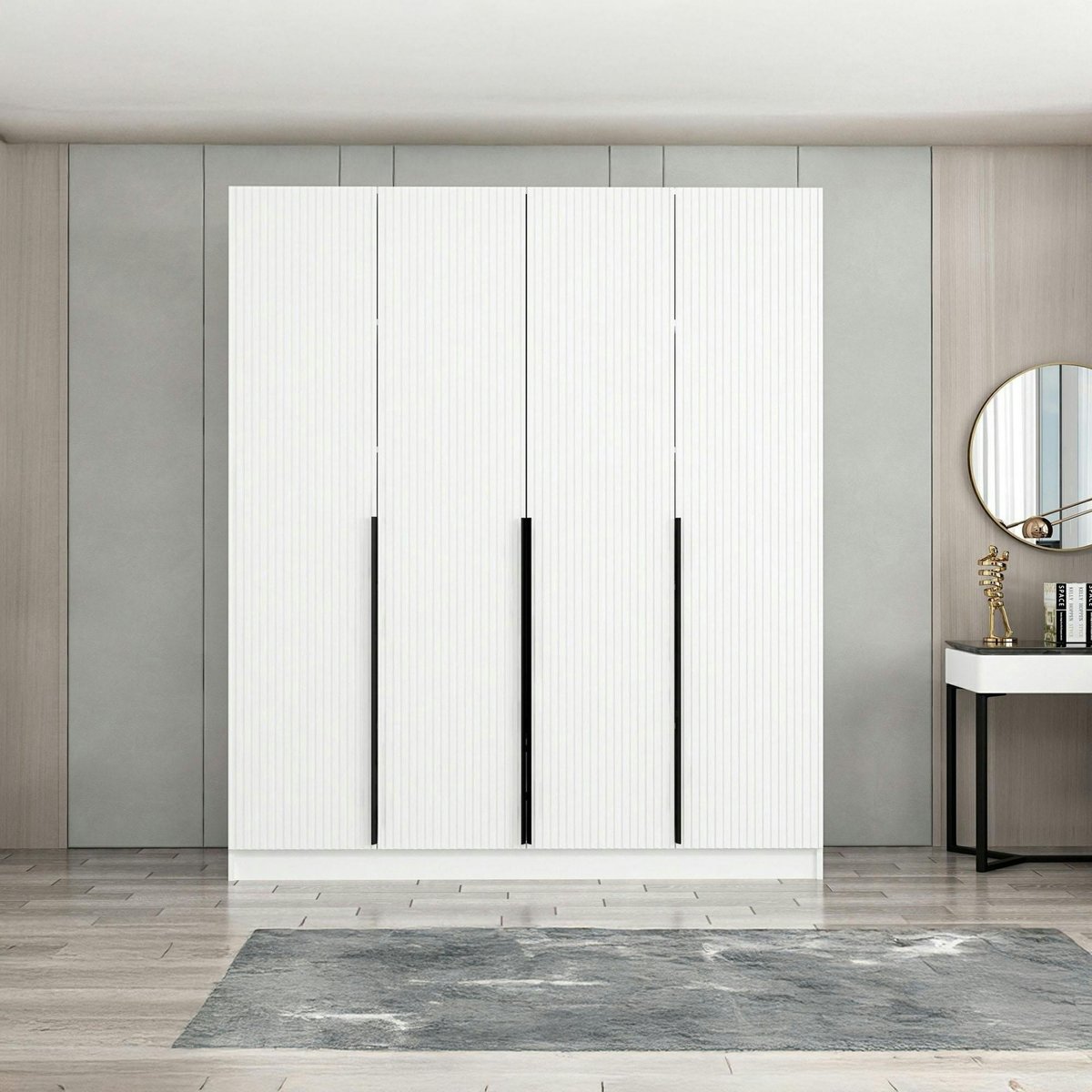 Armoire 4 portes, 1 penderie 8 niches 2 tiroirs BYRON blanc, PIER IMPORT