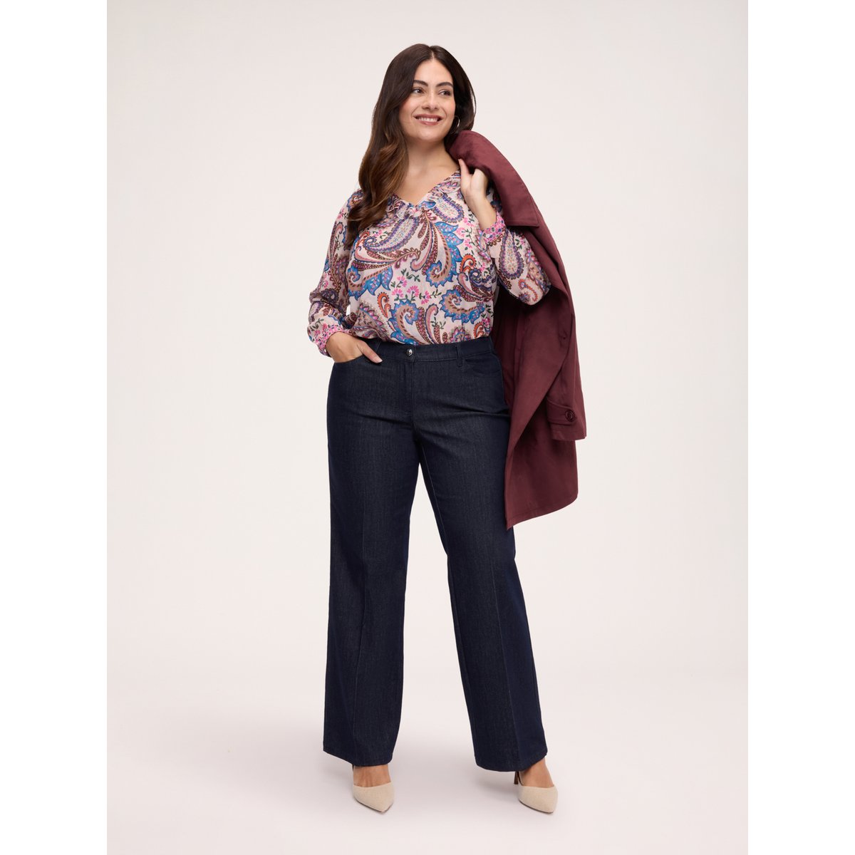 Blouse avec imprimé et volant beige, FIORELLA RUBINO