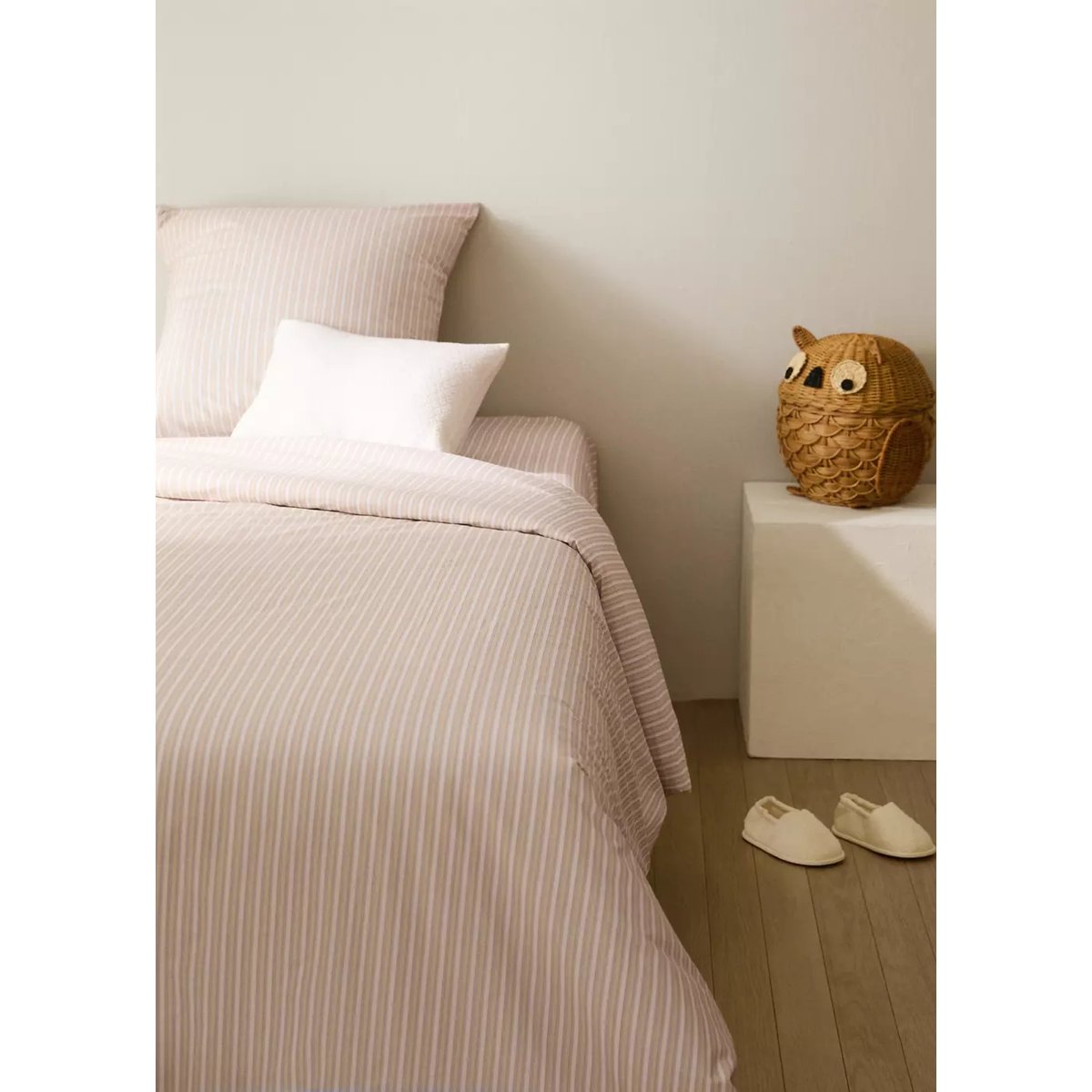 Housse de couette enfant percale de coton imprimé rayures fines lit 90 cm vanille, MANGO HOME