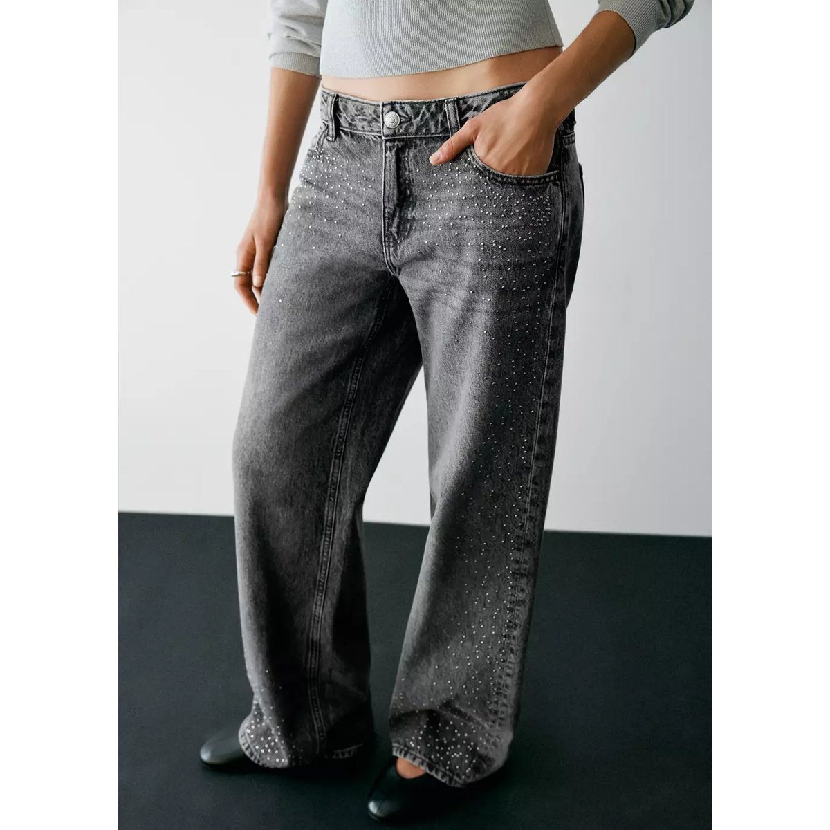 Jean droit strass gris denim, MANGO TEEN