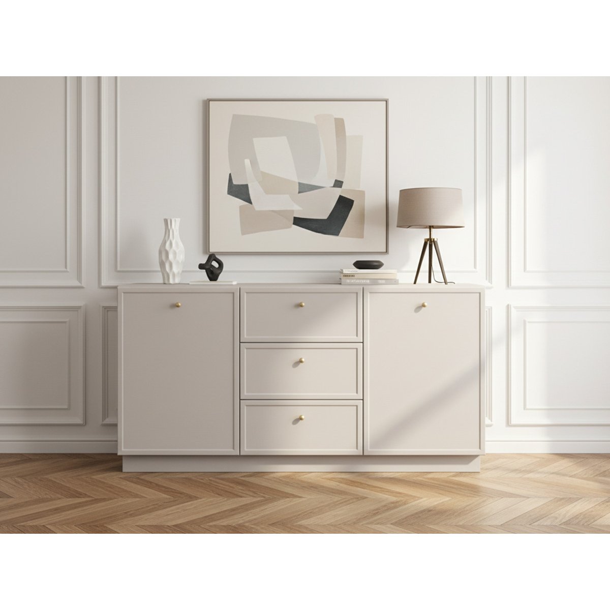 Buffet  en panneaux de particules 2 portes 3 tiroirs 150 cm, LORINA beige, BOBOCHIC