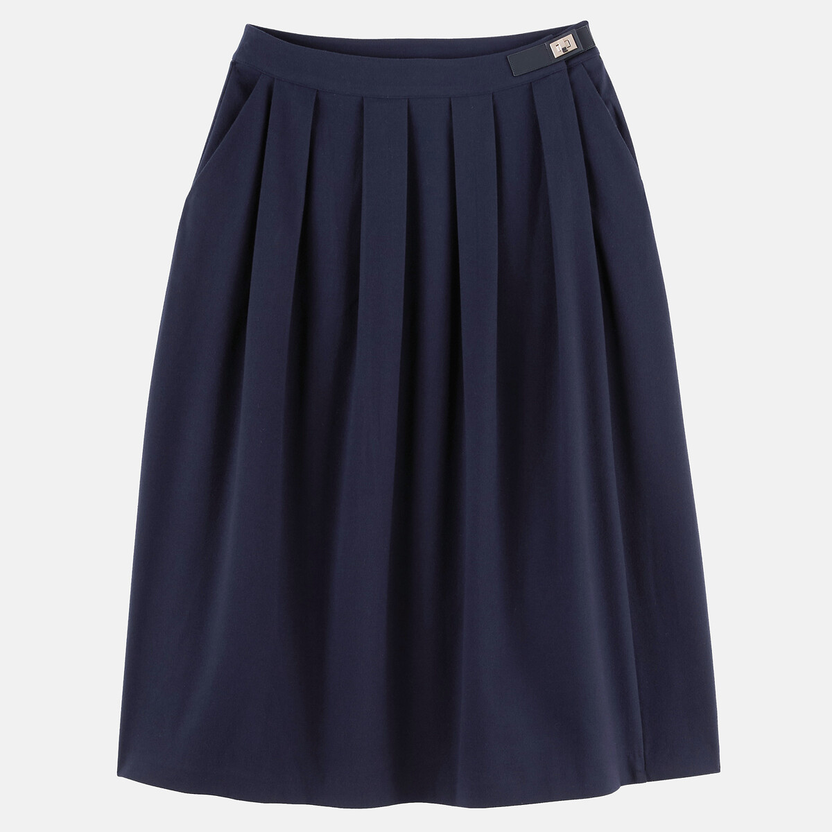 Jupe midi évasée, à plis, effet flanelle bleu marine, ANNE WEYBURN