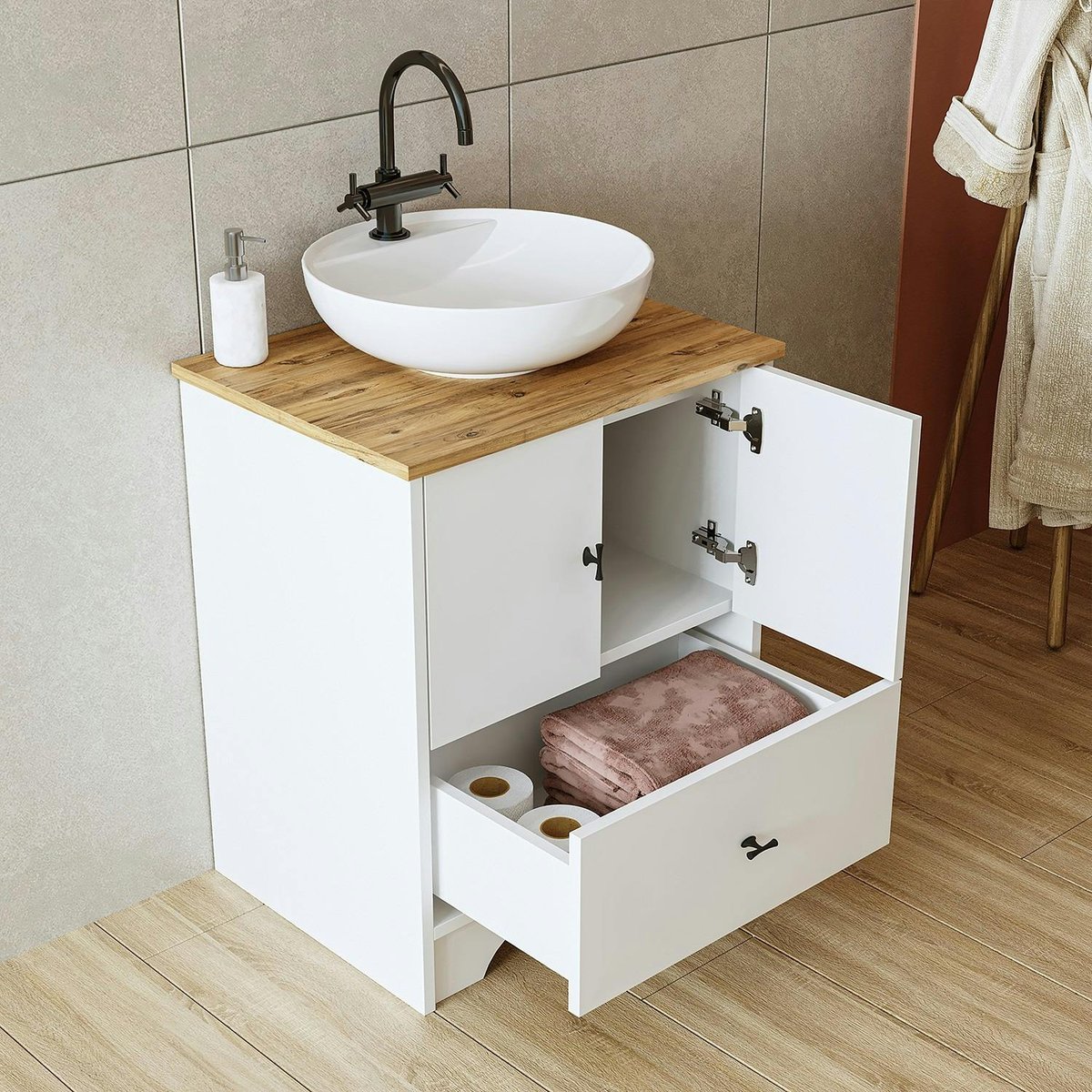Meuble vasque salle de bains 60 cm blanc 2 portes 1 tiroir DOUNA blanc, PIER IMPORT