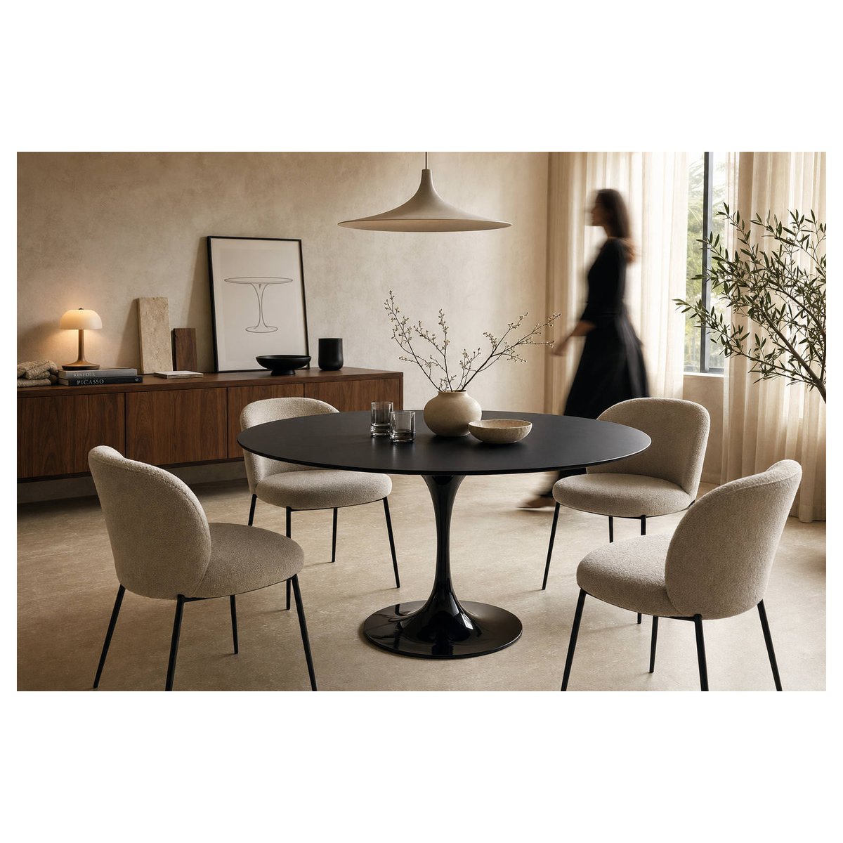 Table à manger ronde pied central aluminium noir, RECOLLECTION