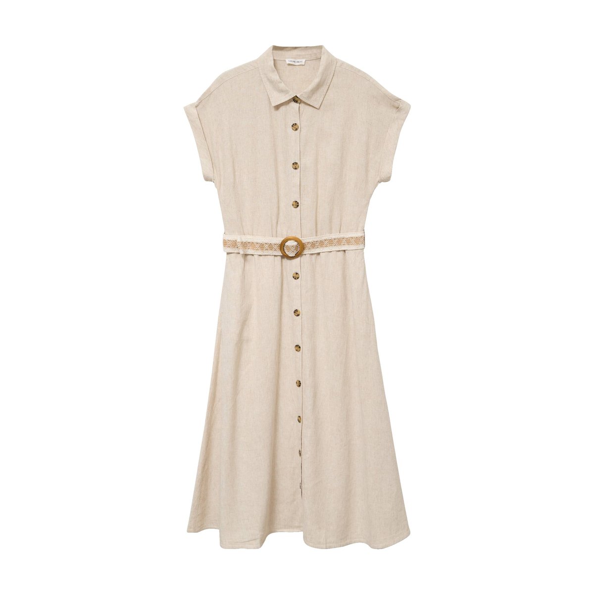 Robe évasée 3/4 col chemise ceinture beige, CACHE CACHE