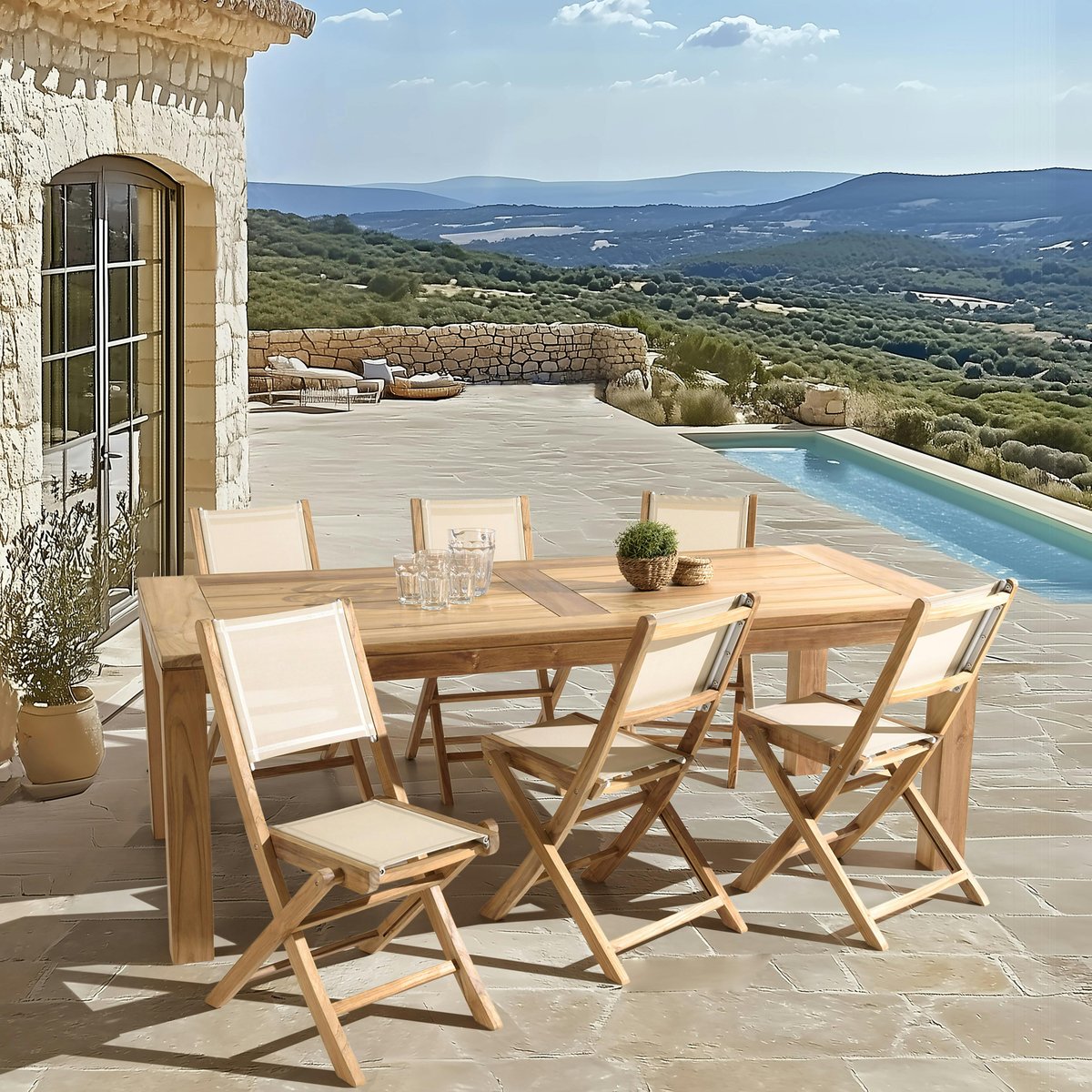 Ensemble de jardin extérieur table rectangle en teck 6 chaises ALERIA bois naturel, PIER IMPORT