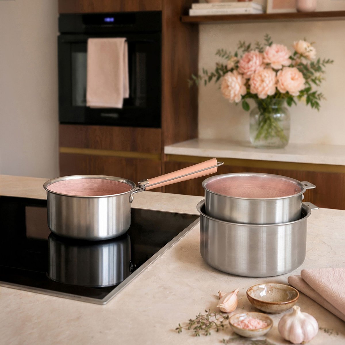 Lot de 3 casseroles 16/18/20 cm en acier inoxydable avec 1 poignée, AGLAE rose, MENASTYL