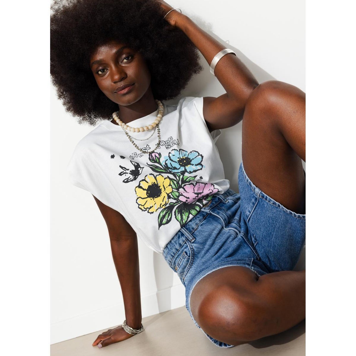 T-shirt à fleurs imprimé écru, PROMOD