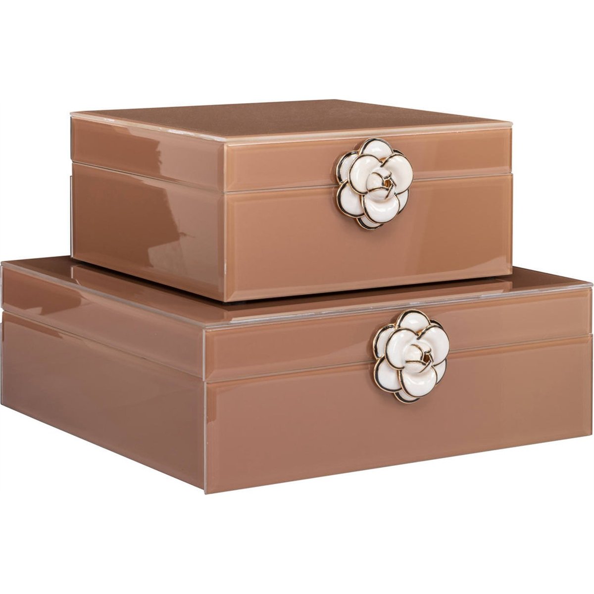 Boîte de rangement en verre motif floral marron brillant avec fleur blanche, RECOLLECTION
