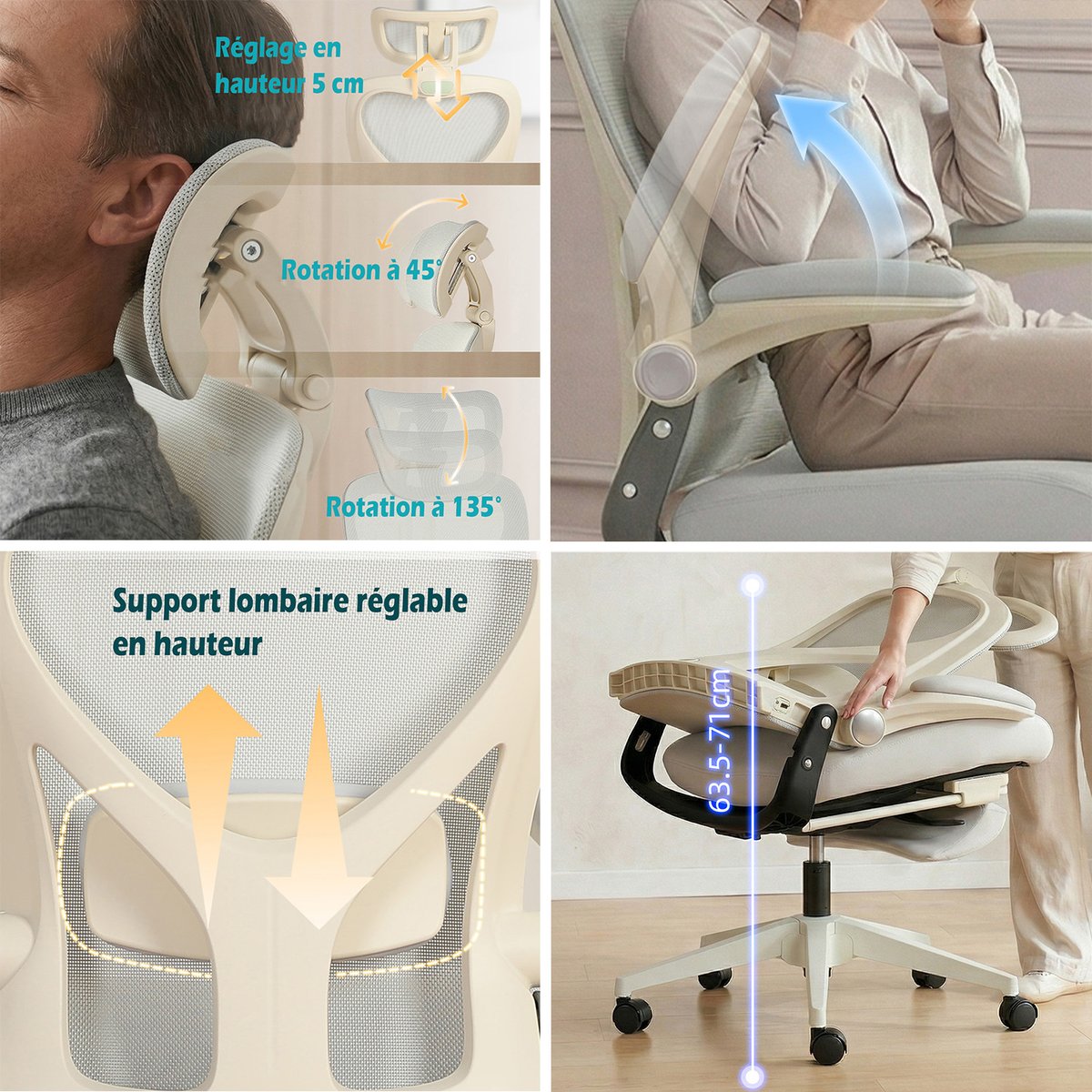Fauteuil de bureau ergonomique en maille, VONGER gris, MEUBLES COSY