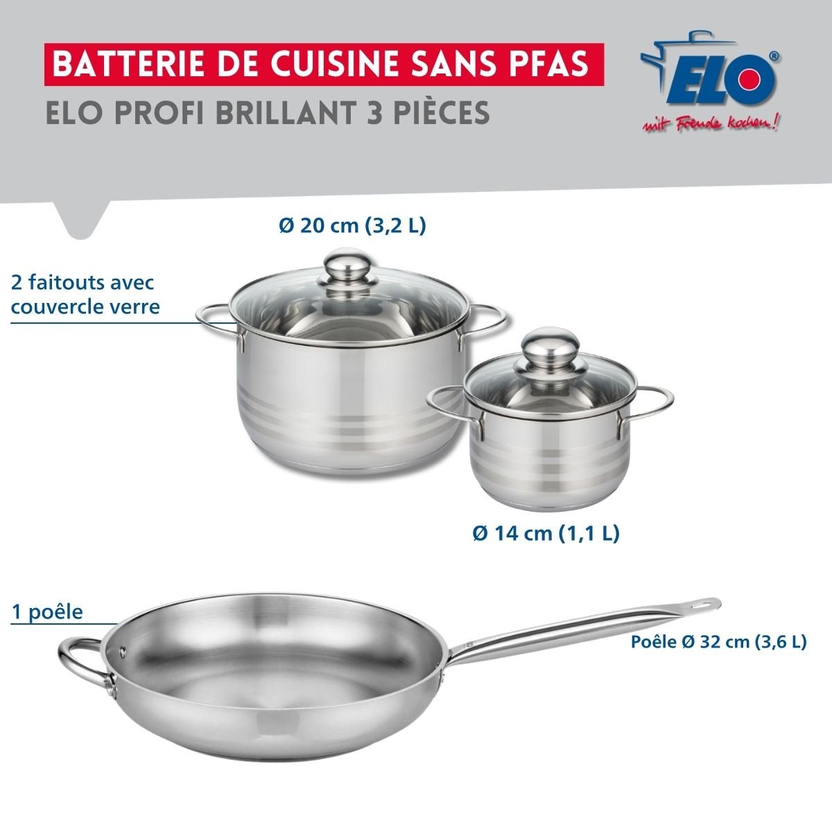 Batterie 1 poêle 32cm + 2 faitouts 14/20cm PROFI BRILLANT gris, ELO