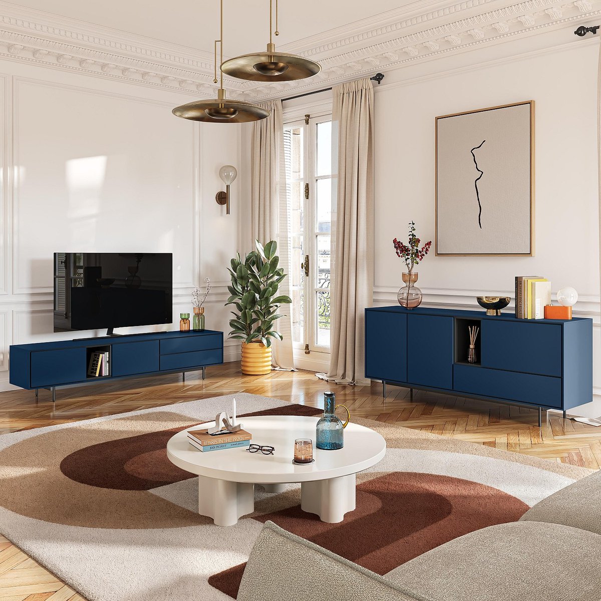 Banc TV mdf, panneau et dérivés de bois FARREL bleu, HABITAT