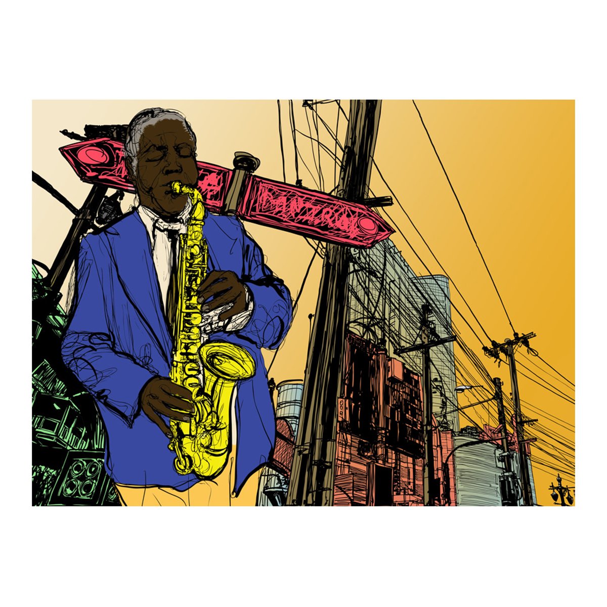 Papier peint intissé panoramique Hobby Saxophonist in New York multicouleur, EDEN