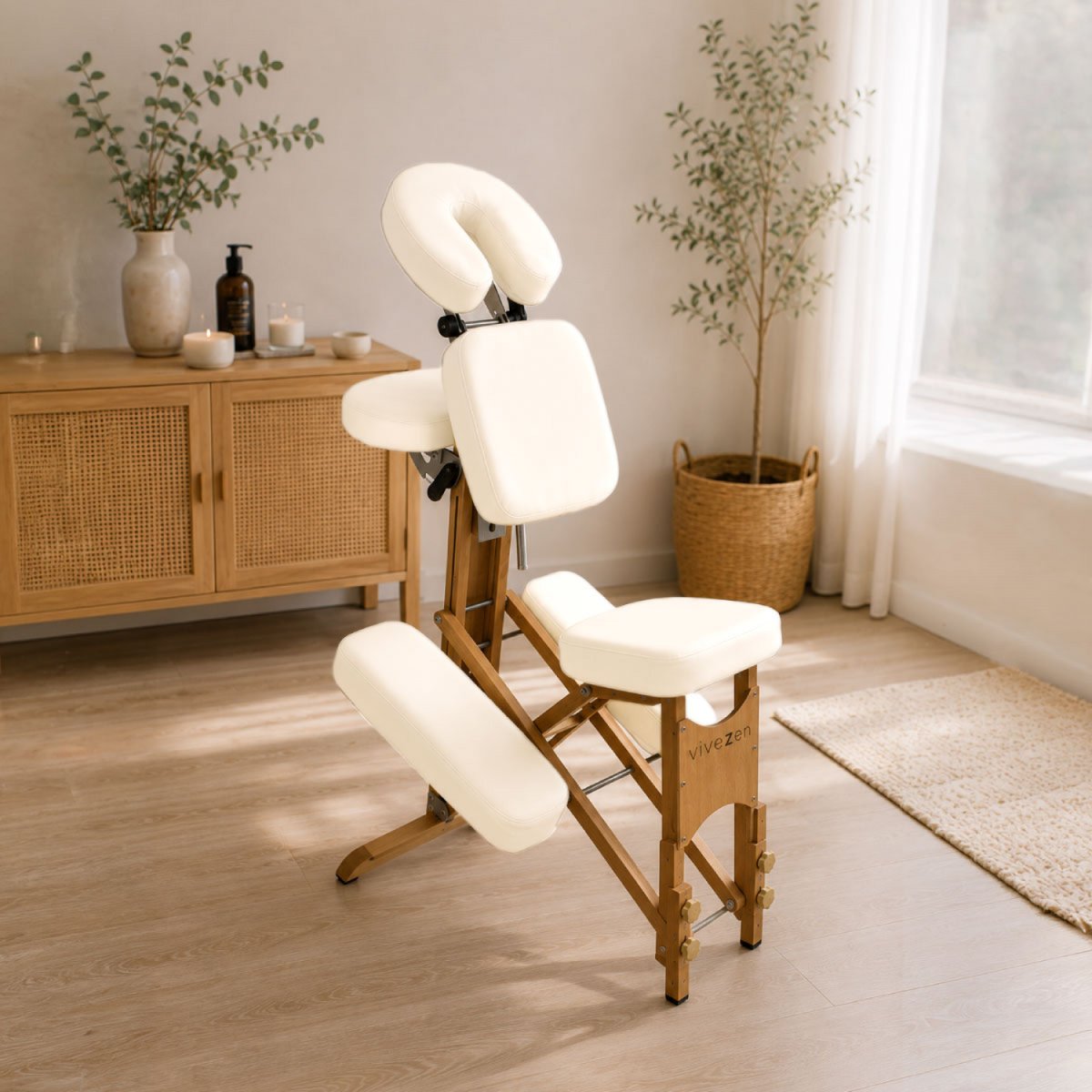 Chaise de massage en bois pliable avec sac de transport blanc, VIVEZEN
