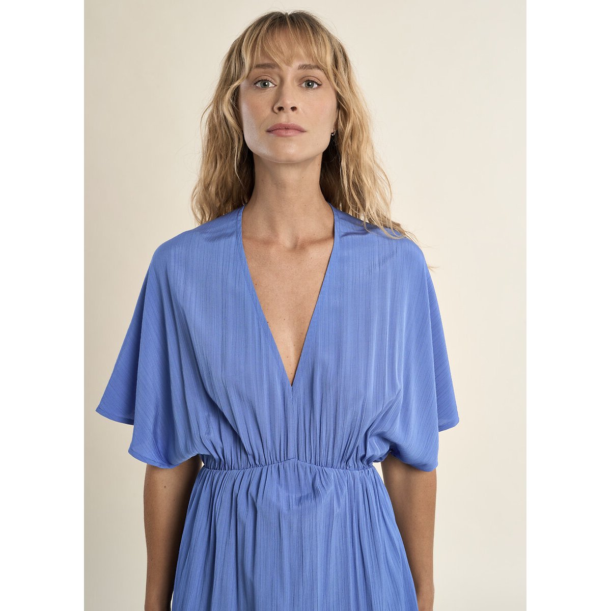 Robe longue manches courtes col V bleu, MOLLY BRACKEN