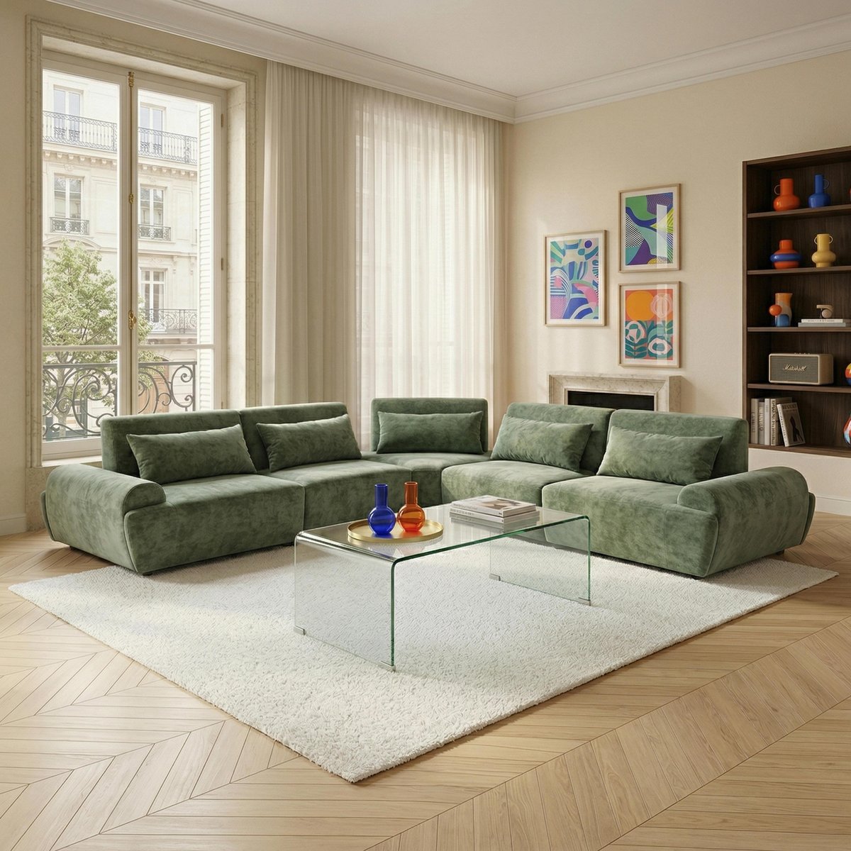 Canapé modulable d'angle 5 places en tissu avec coussins dossier ajustable, CALLISTO vert, OVIALA