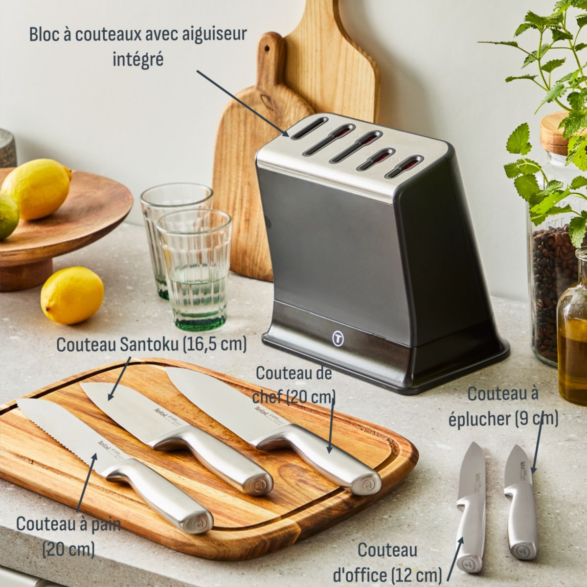 Bloc couteaux Eversharp Pro inox 5pcs + ciseaux couleur unique, TEFAL