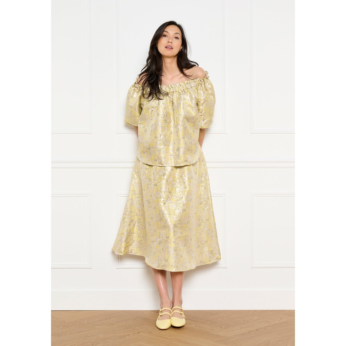 Blouse épaules dénudées jacquard jaune pastel, LOLALIZA