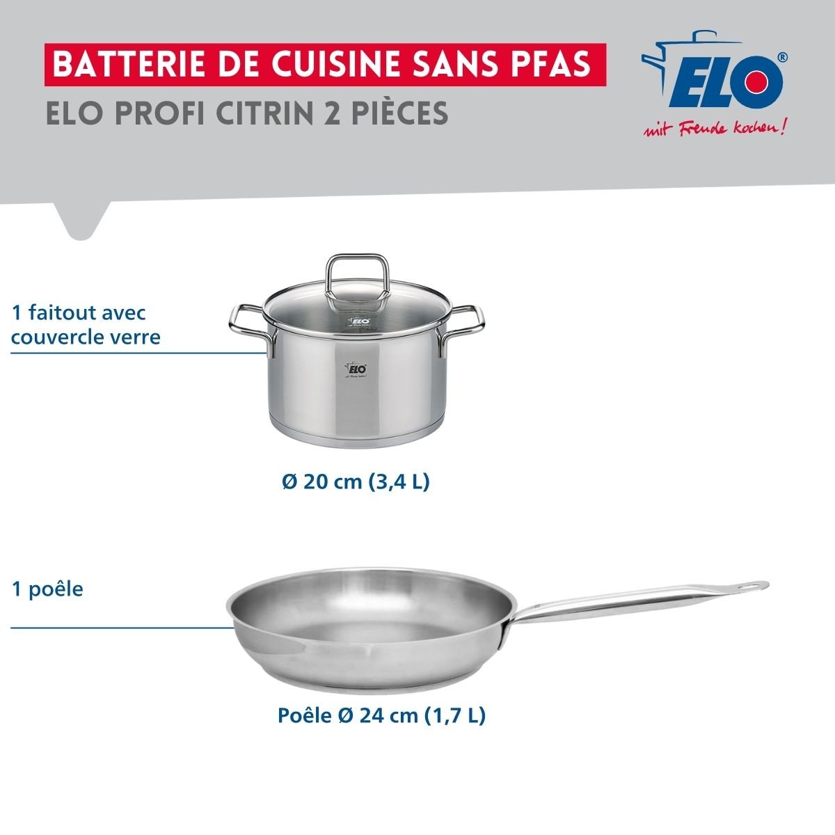 Batterie de cuisine 1 poêle 24cm + 1 faitout 20cm PROFI CITRIN gris, ELO