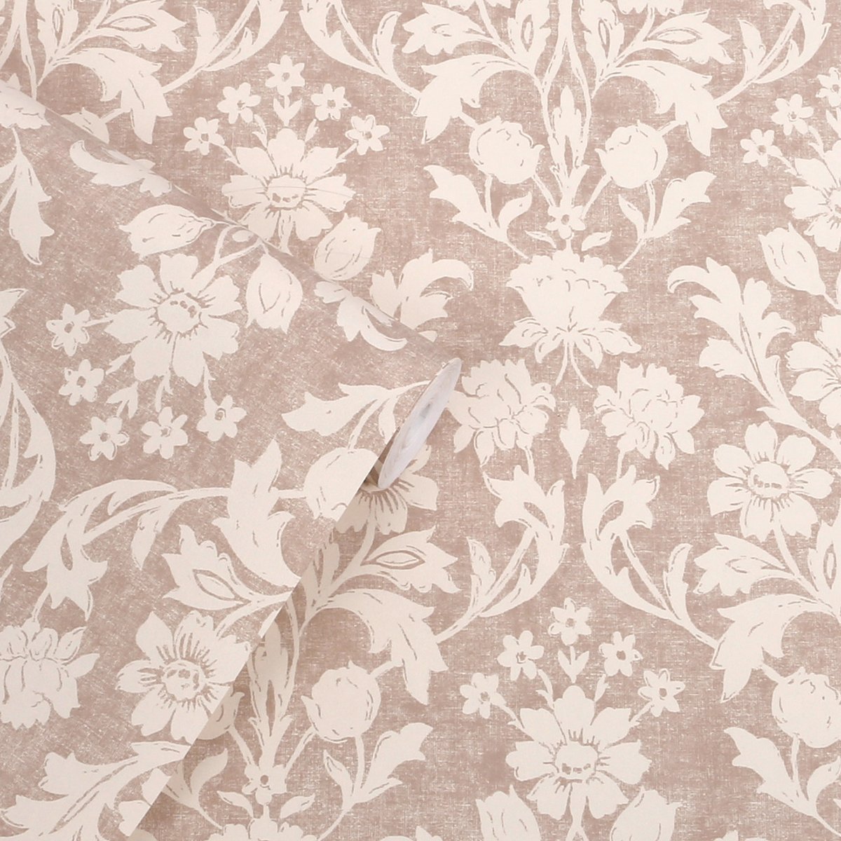 Papier peint damassé fleuri Semington Silhouette rose poudré, crème, LAURA ASHLEY