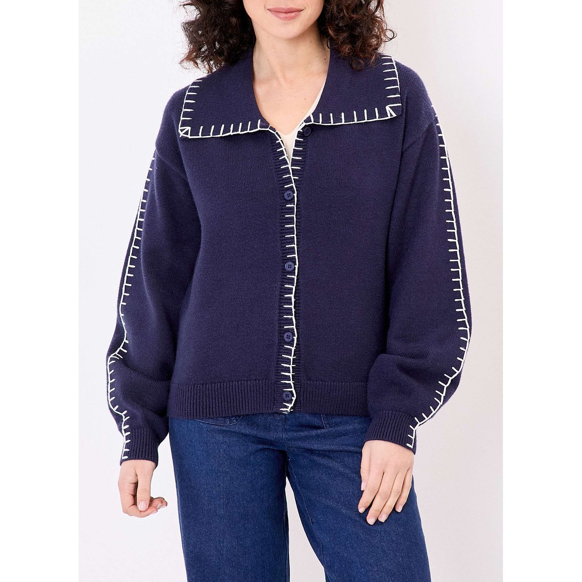 Gilet maille col chemise CATORI bleu marine, LA FIANCÉE