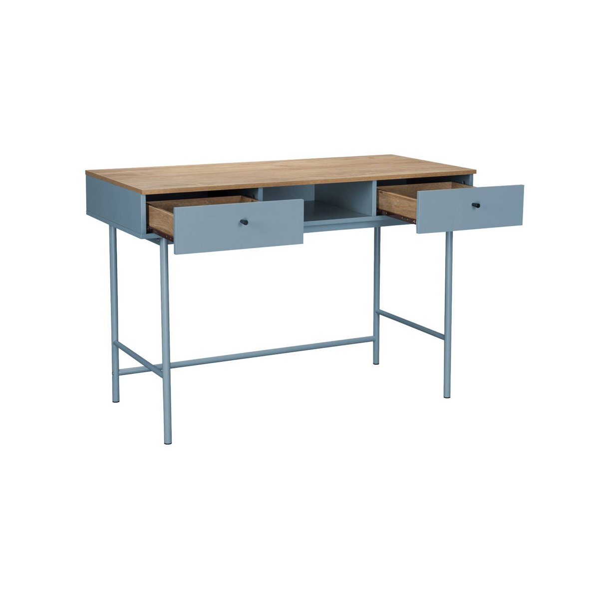 Bureau décor bois et fer 2 tiroirs 1 casier WILLIAM bleu, SWEEEK