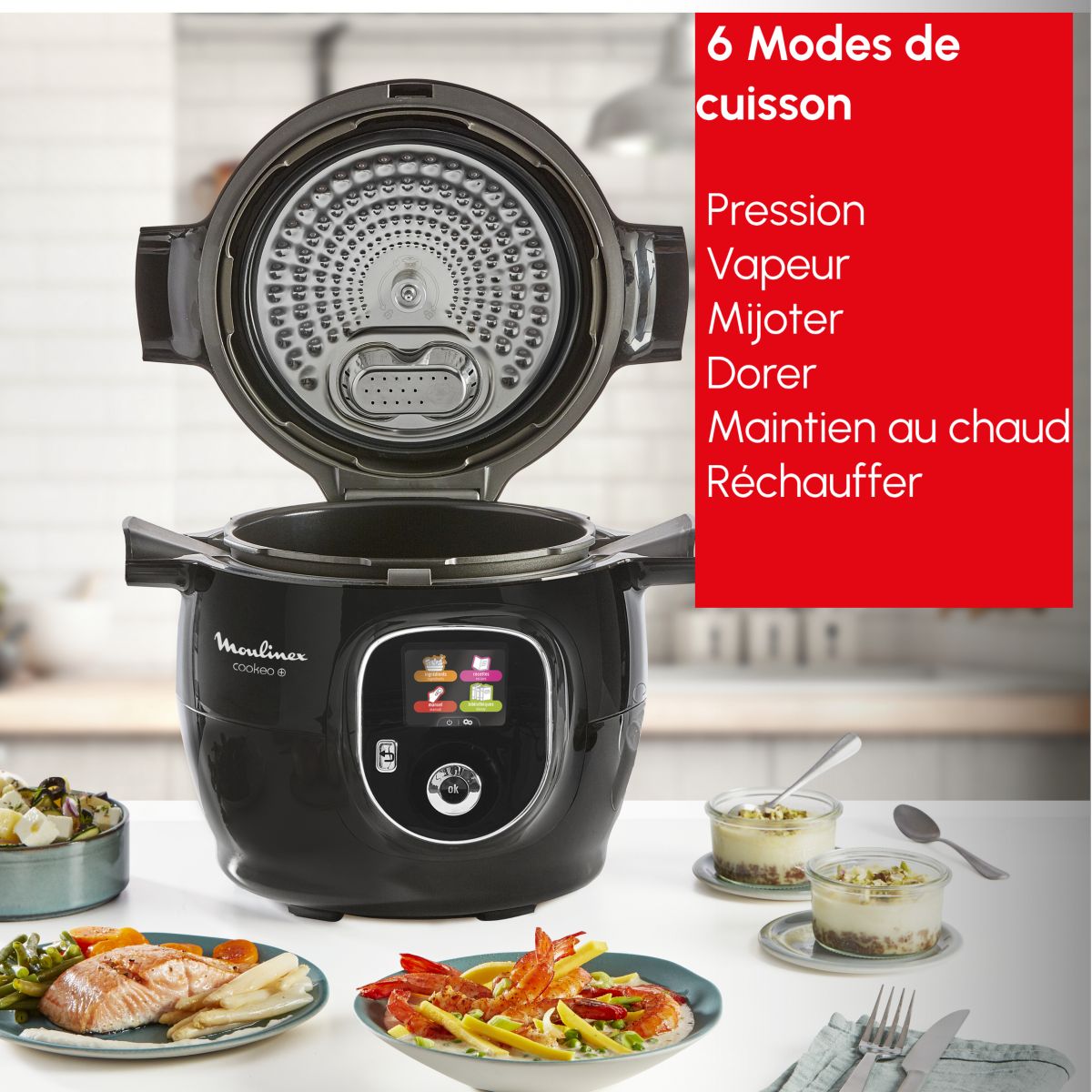 Cookeo CE85B8F0 Cookeo+ STD Noir - 6L (jusqu'à 6 personnes) - 6 mode de cuisson - 180 recettes couleur unique, MOULINEX