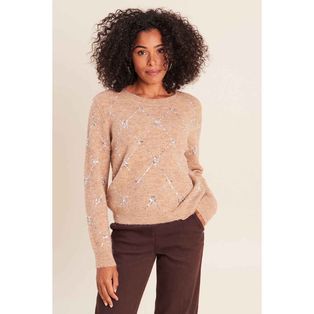 Pull col rond à sequins marron clair, BREAL