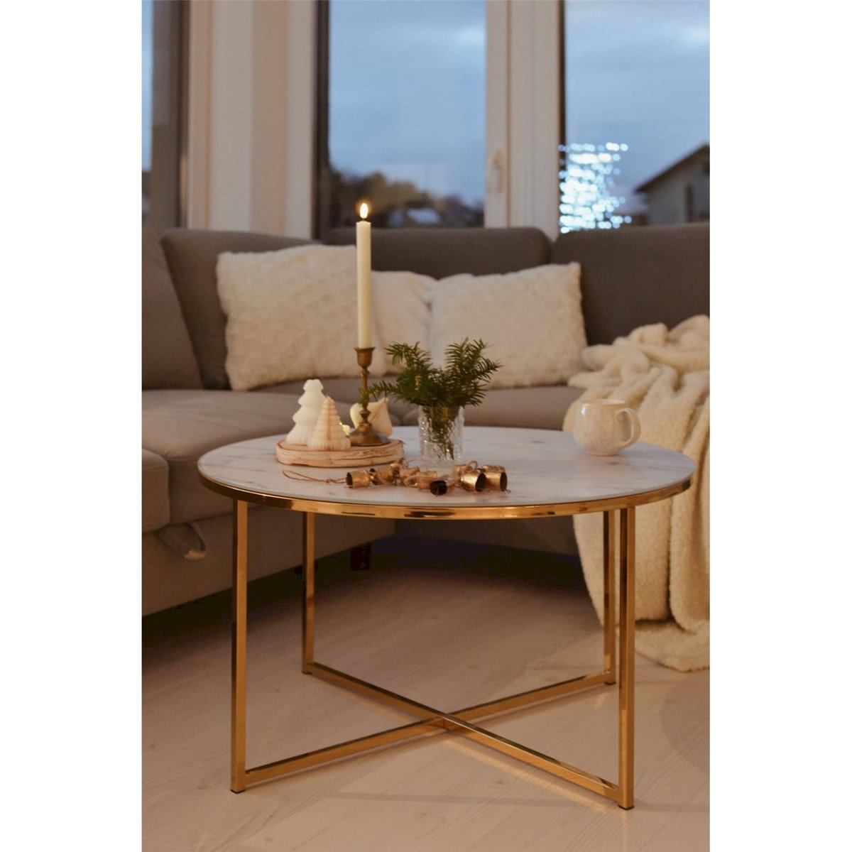 Table basse ronde ALISMA plateau verre blanc effet marbre et doré, RECOLLECTION
