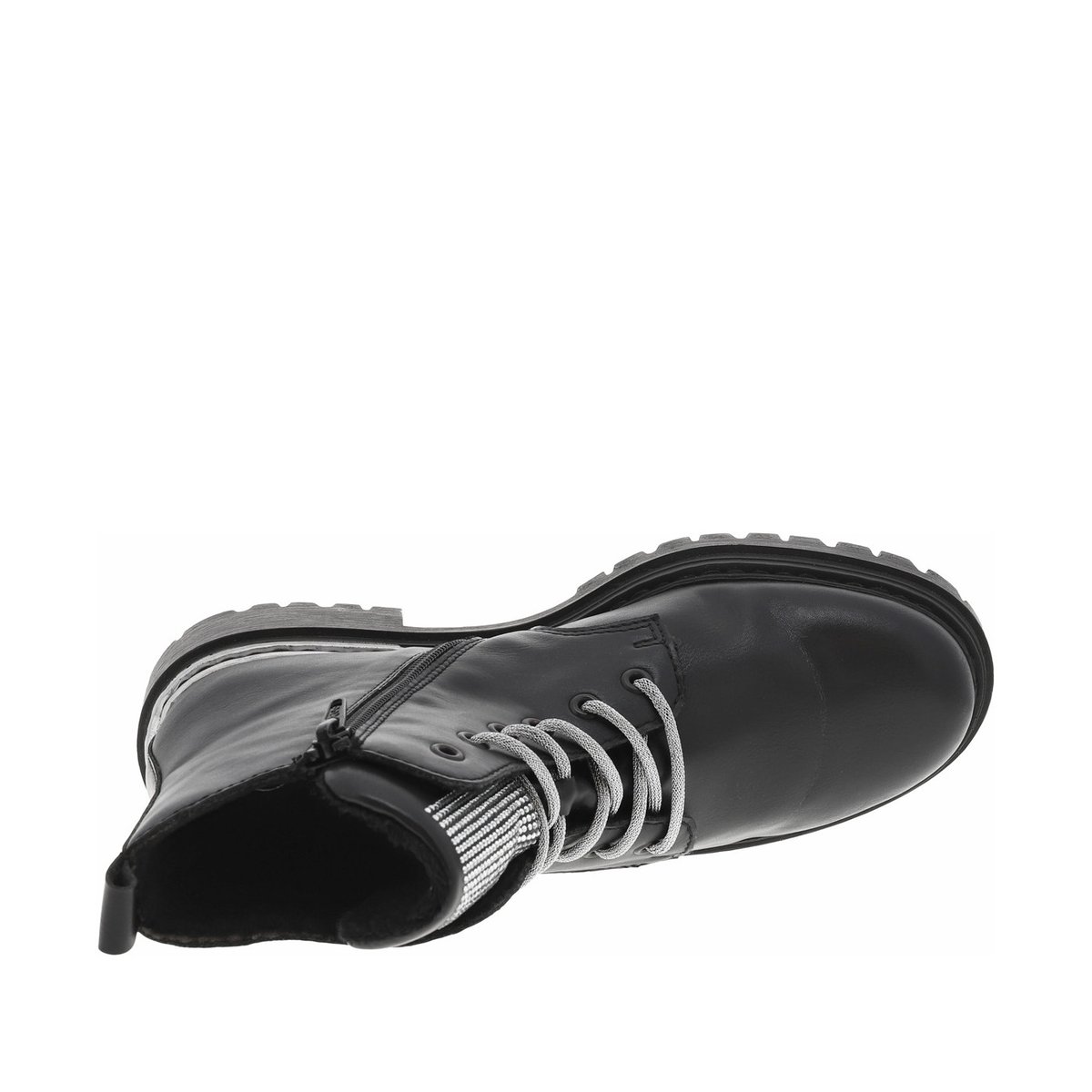 Bottines noires à talon décroché bas avec un zip et des lacets ronds noires, RIEKER