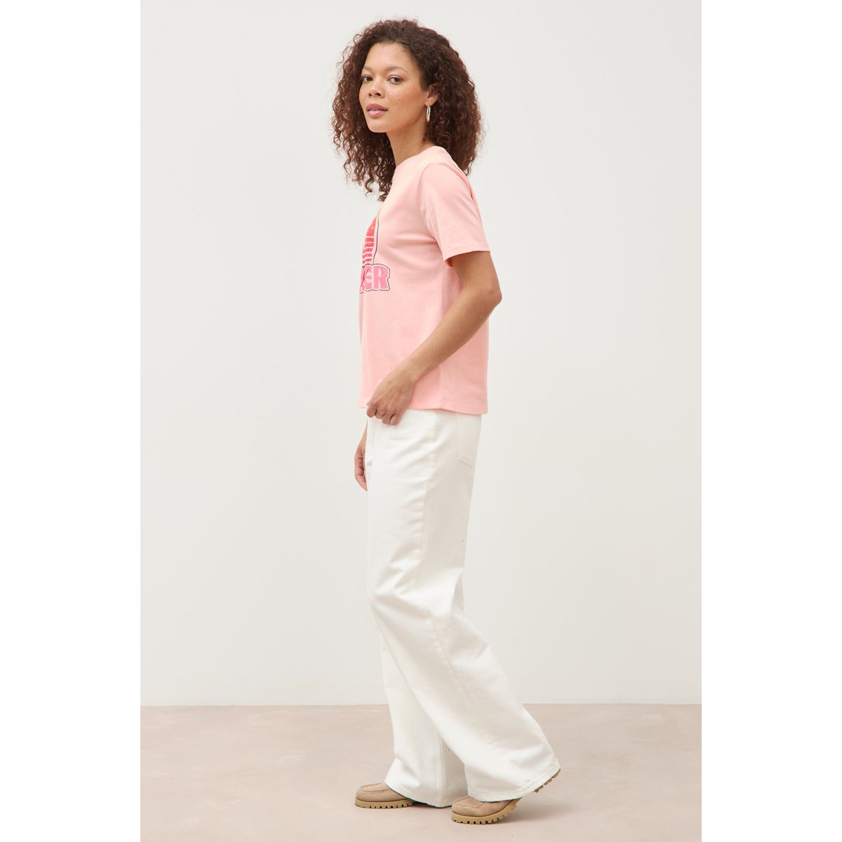 T-shirt droit col rond manches courtes rose saumon, BONOBO