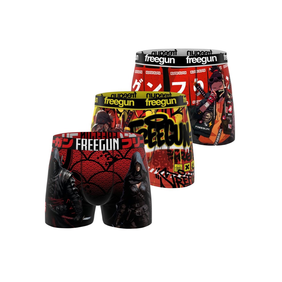 Lot De 3 Boxers Manga rouge/noir/jaune, FREEGUN