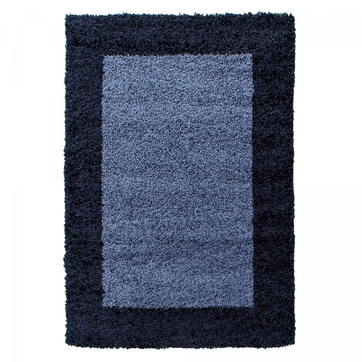 Tapis poils longs shaggy tissé motif simple BORDURE bleu, bleu foncé, UN AMOUR DE TAPIS