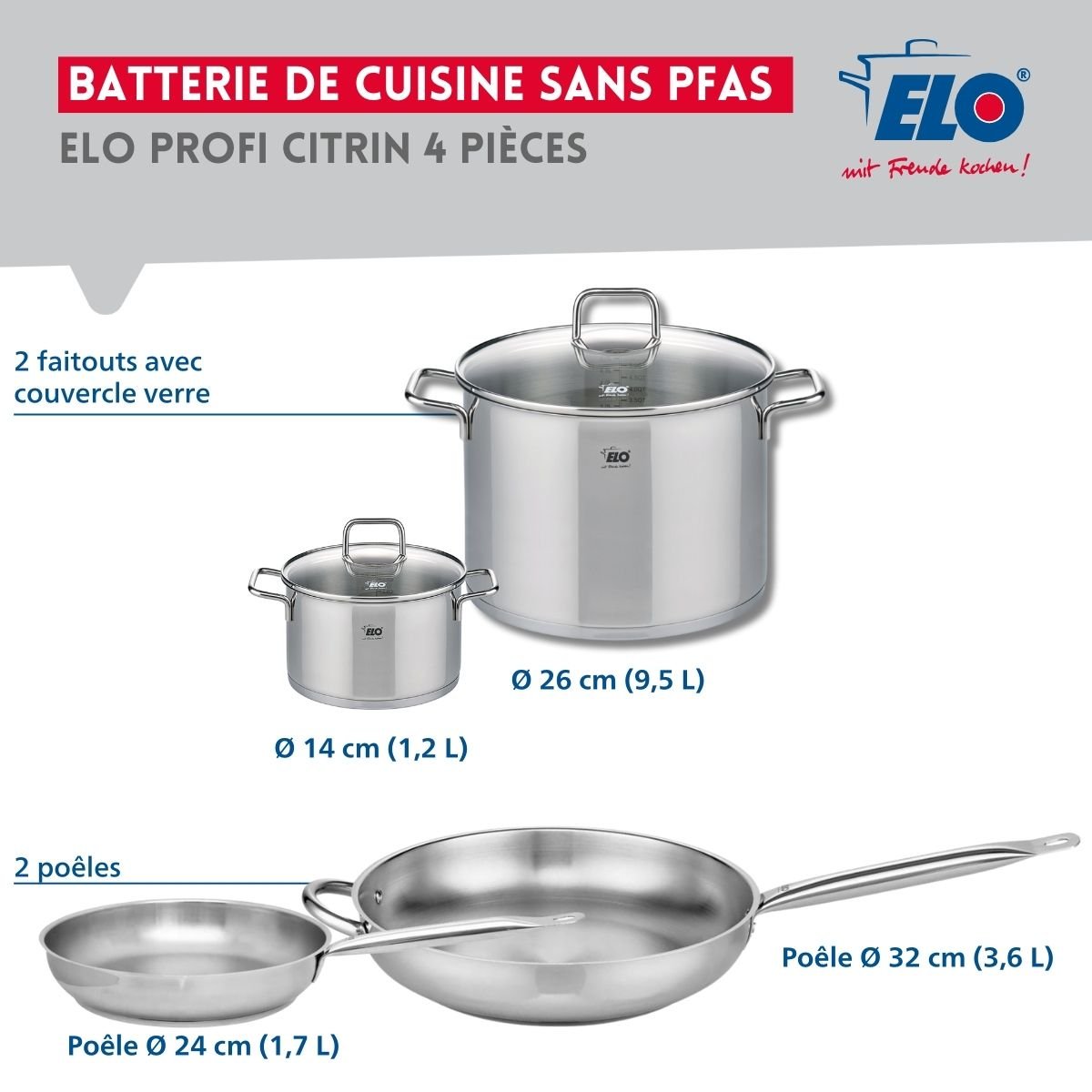 Batterie 2 poêles 24/32cm + 2 faitouts 14/26cm PROFI CITRIN gris, ELO