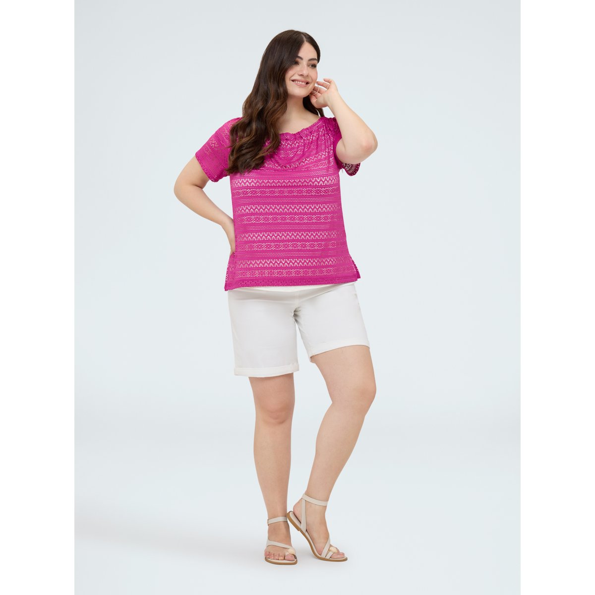 T-shirt à rayures avec encolure bateau fuchsia, FIORELLA RUBINO