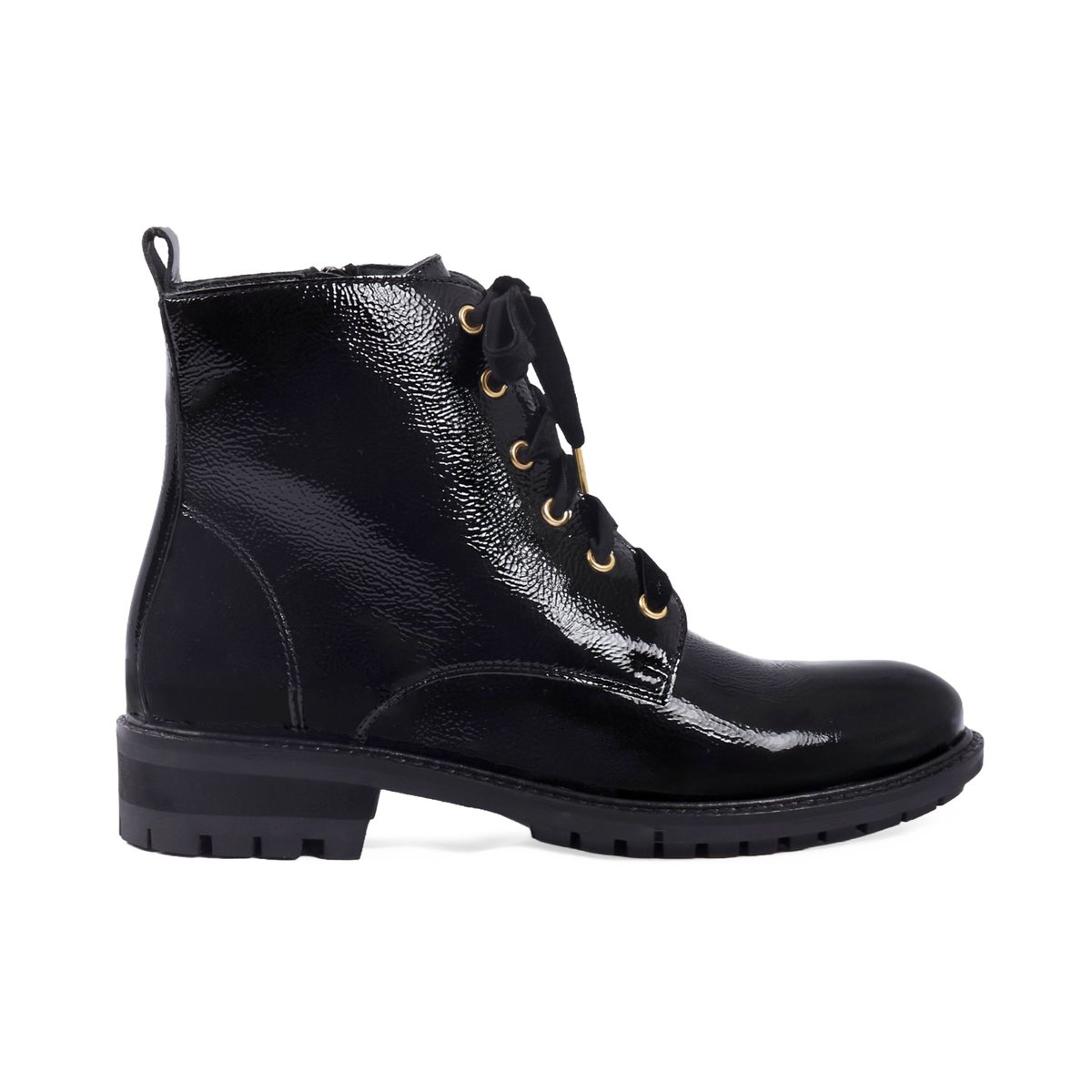 Bottines plates à lacet cuir vernis noir, JULES & JENN